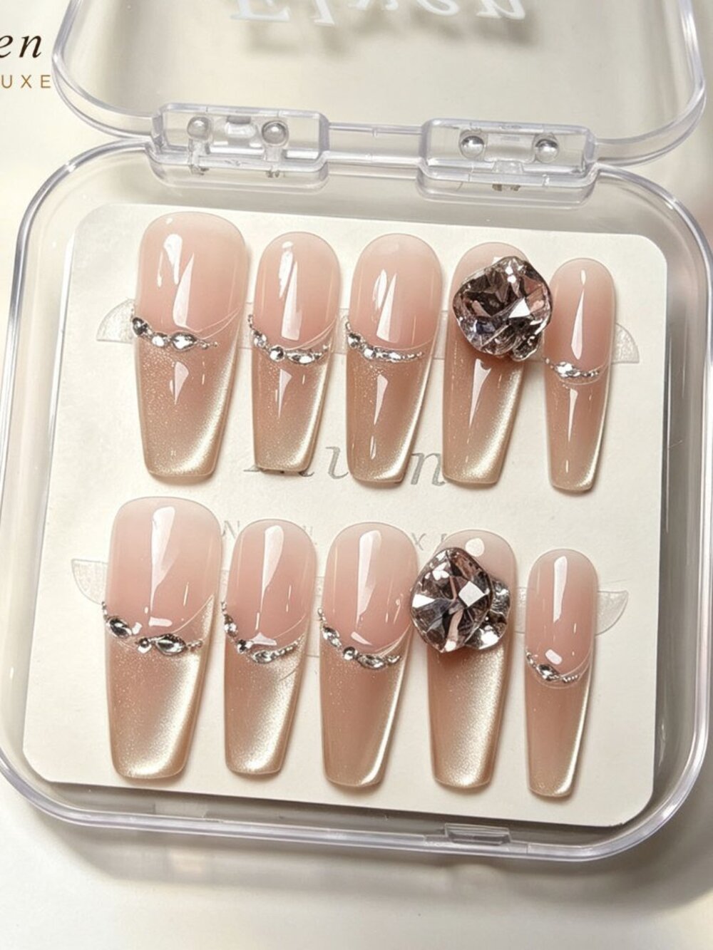 Handmade Nude Champagne Cat Eye Long Coffin Press On Nails With Big Diamond